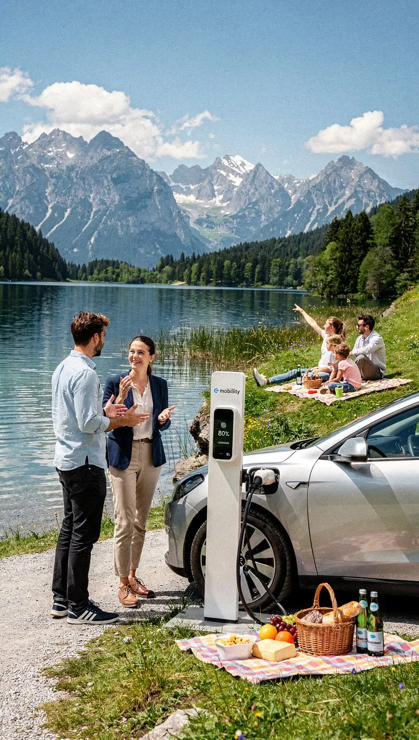 Szenenansicht einer ländlichen Umgebung mit einer Elektroauto-Ladestation