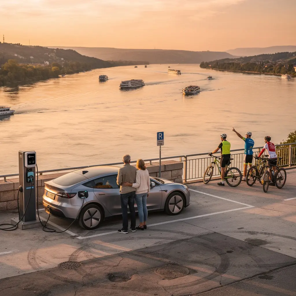 Ein Elektroauto, das an einer Ladesäule in einer malerischen ländlichen Umgebung auflädt.