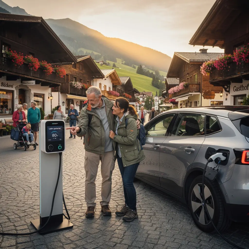 Ladestation für Elektrofahrzeuge in einem malerischen Dorf in Österreich