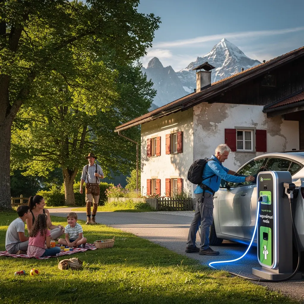 Ländliche Ladestation für Elektrofahrzeuge in einem kleinen Dorf in Österreich.