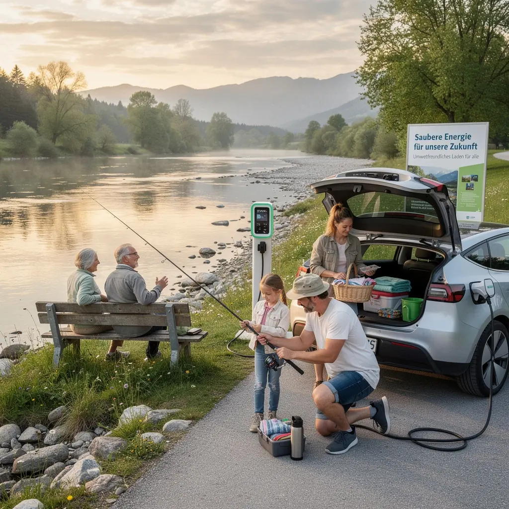 Eine Gruppe von Elektrofahrzeugen, die an einer Ladestation in einer lГ¤ndlichen Umgebung aufgeladen werden.