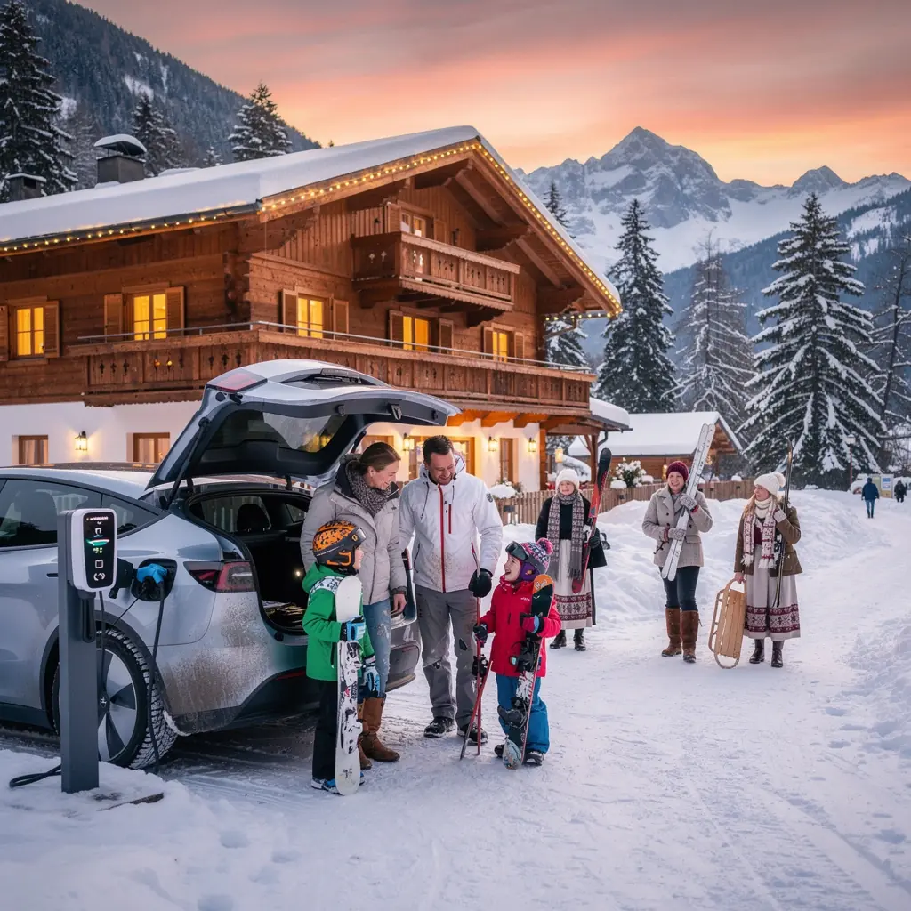 Familie, die an einer Ladestation fГјr Elektroautos in einem kleinen Ort in Г–sterreich auflГ¤dt und dabei die Natur genieГџt.