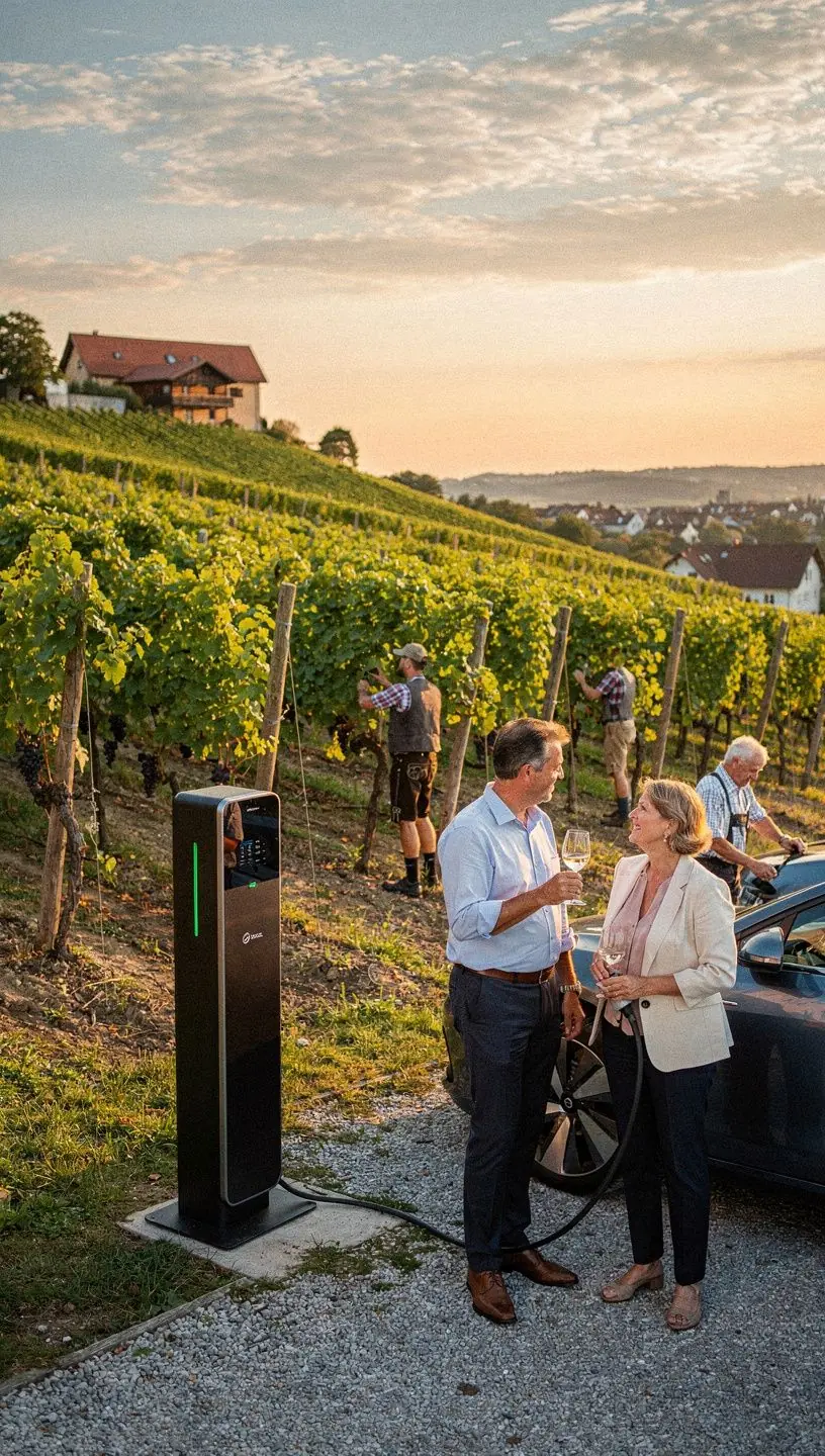 Schöne ländliche Szenerie mit Ladestation für Elektroautos und grünen Feldern