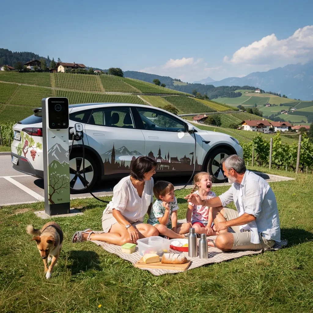 Familie, die ihr Elektrofahrzeug an einer Ladestation in einer kleinen Stadt anschließt