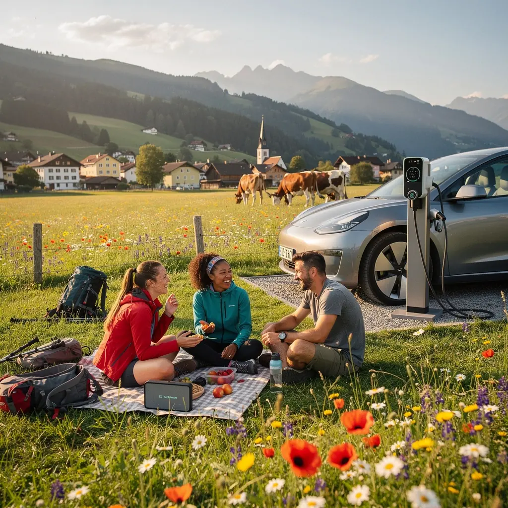 Landschaft mit einer Elektroauto-Ladestation in einem kleinen Dorf in Г–sterreich.
