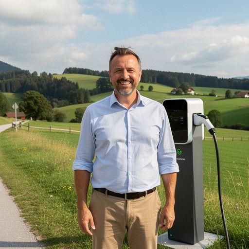 Eine Gruppe von Menschen, die an einer Ladestation für Elektrofahrzeuge in einer kleinen Stadt zusammenkommt.