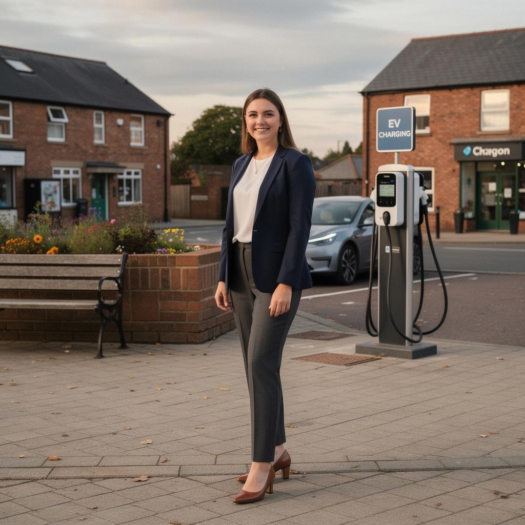 Ein Ladekabel, das an ein Elektrofahrzeug in einer ländlichen Landschaft angeschlossen ist.