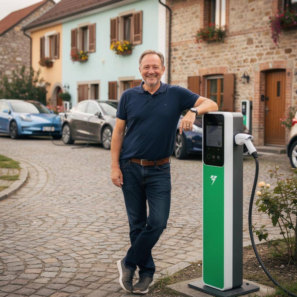Ein Sonnenuntergang über einem Dorf mit einer sichtbaren Ladestation für Elektrofahrzeuge.
