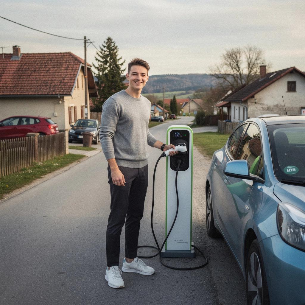 Eine Familie, die ein Elektroauto an einer Ladestation in einer ländlichen Gegend auflädt.