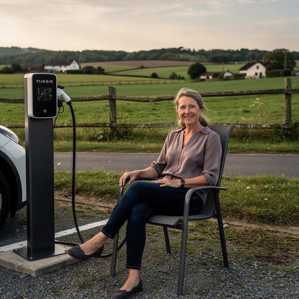 Ein Schild, das auf die nächste Ladestation für Elektrofahrzeuge in einem kleinen österreichischen Dorf hinweist.